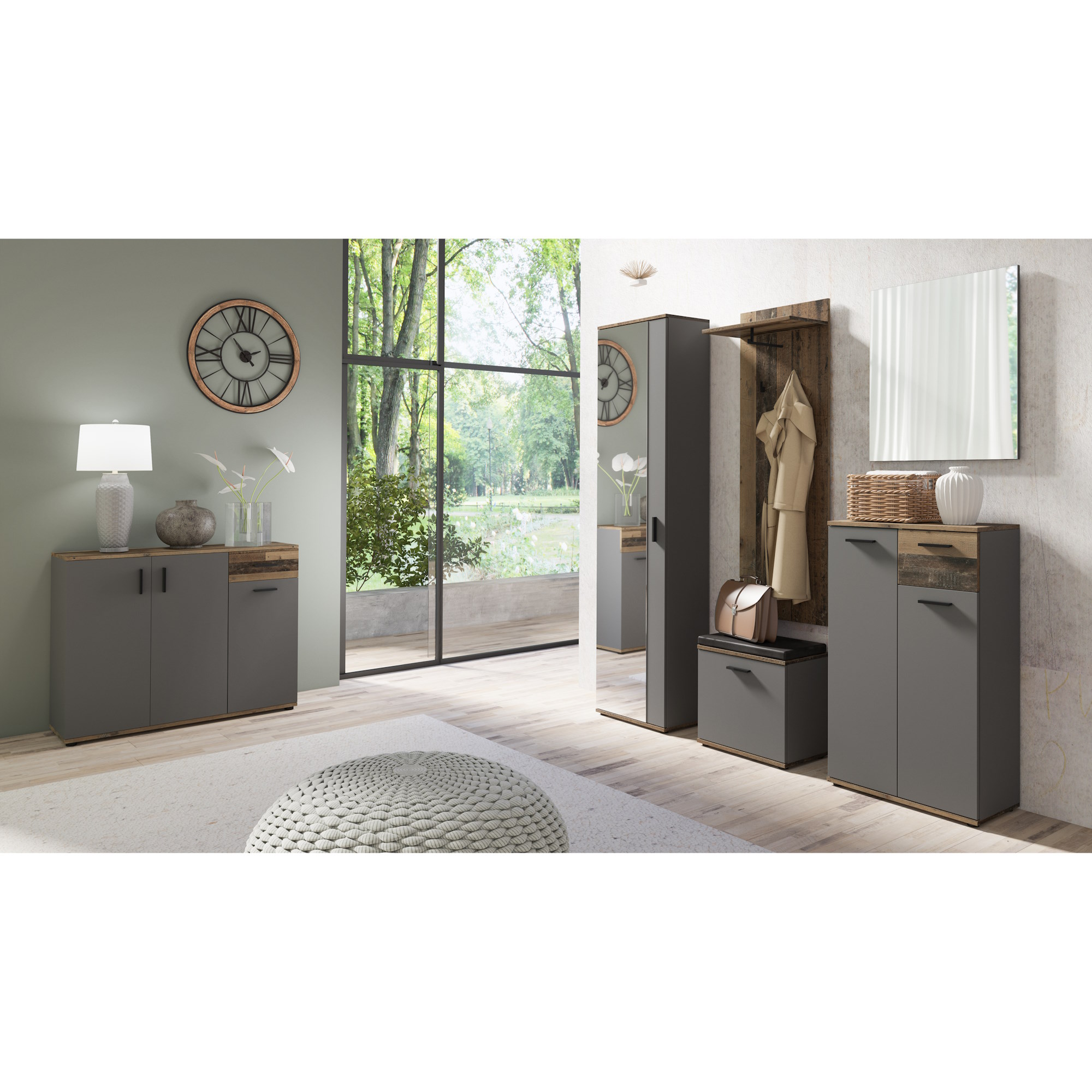 Wandgarderobe in Old-Wood-Optik mit Hacken, Kleiderstange & Ablage, byLIVING Jakob