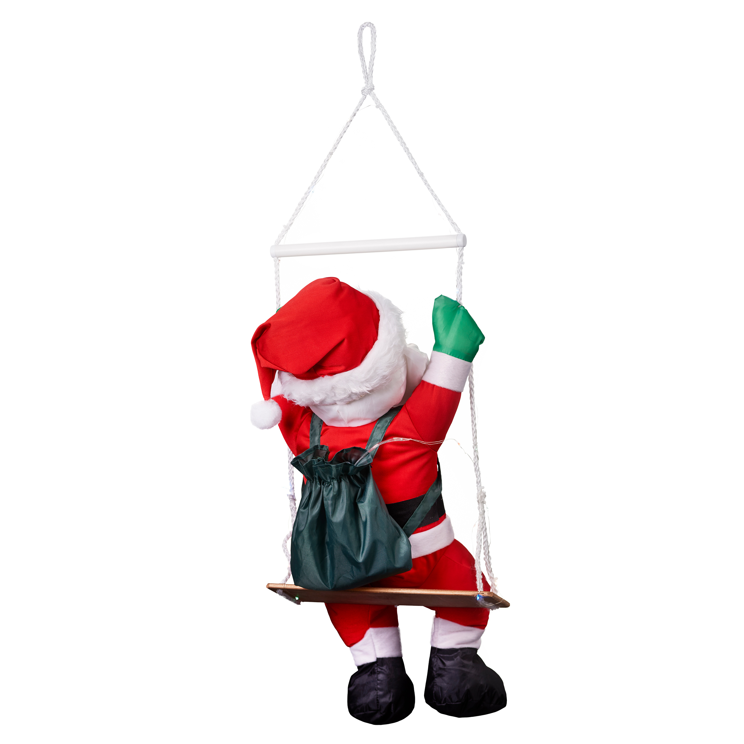 Raburg Weihnachtsmann auf Schaukel mit buntem LED-Licht, weiche XL Deko-Figur für Weihnachten
