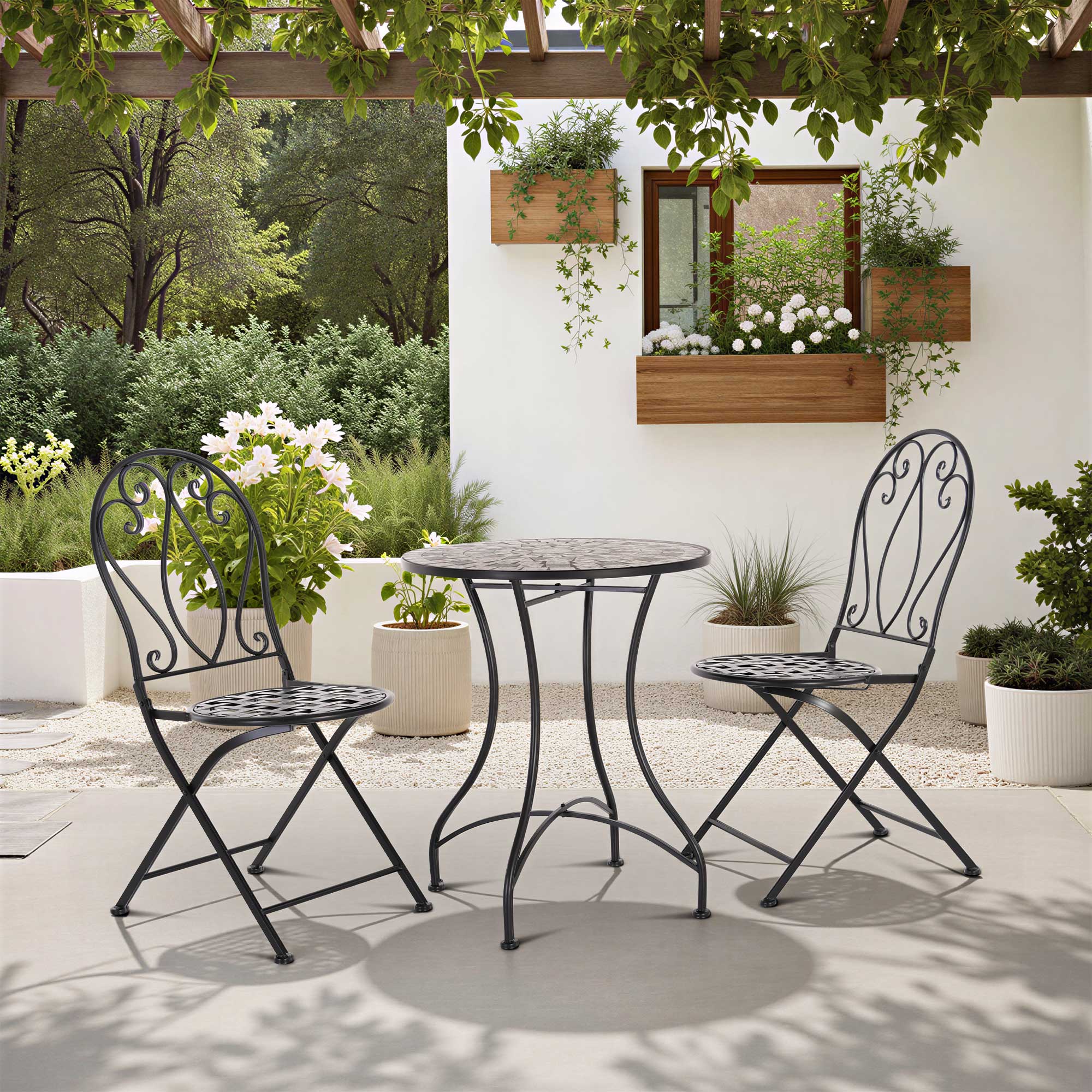 Mosaiktisch, 60 cm Ø, Gartentisch mit Mosaikmuster, Grau-Weiß-Anthrazit, Raburg Mayla