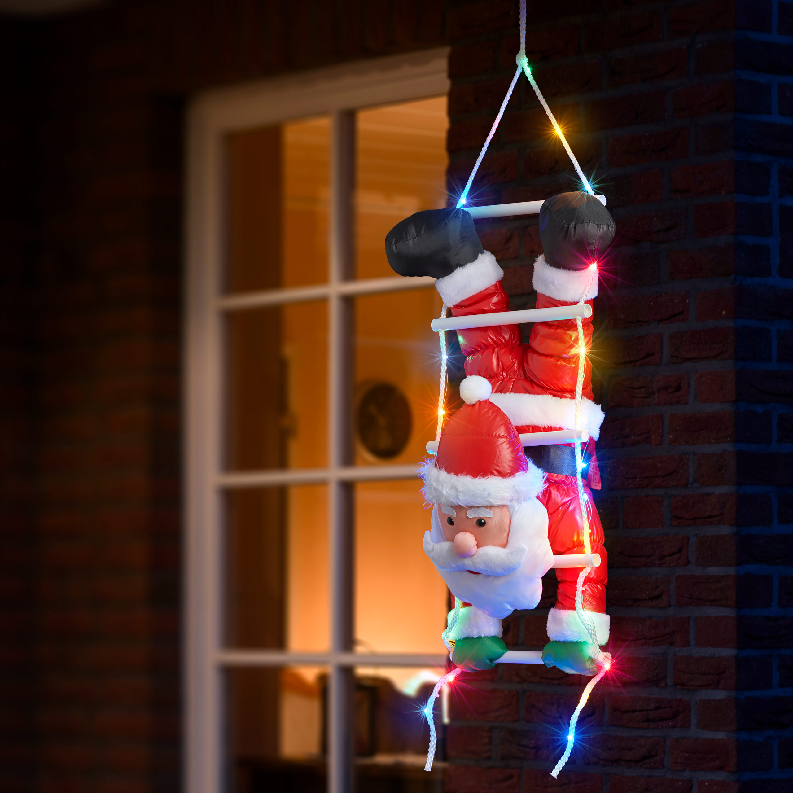 Raburg Weihnachtsmann kopfüber mit bunter LED-Leiter - weiche XL Deko-Figur für Weihnachten