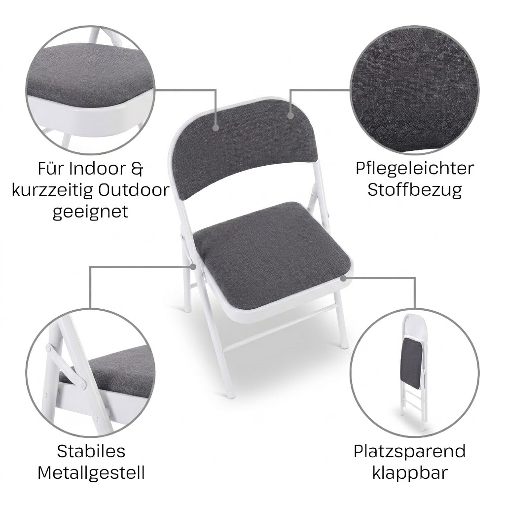 Klappstuhl 4er-Set, klappbarer Gästestuhl, Hellgrau/Weiß, Raburg Elias