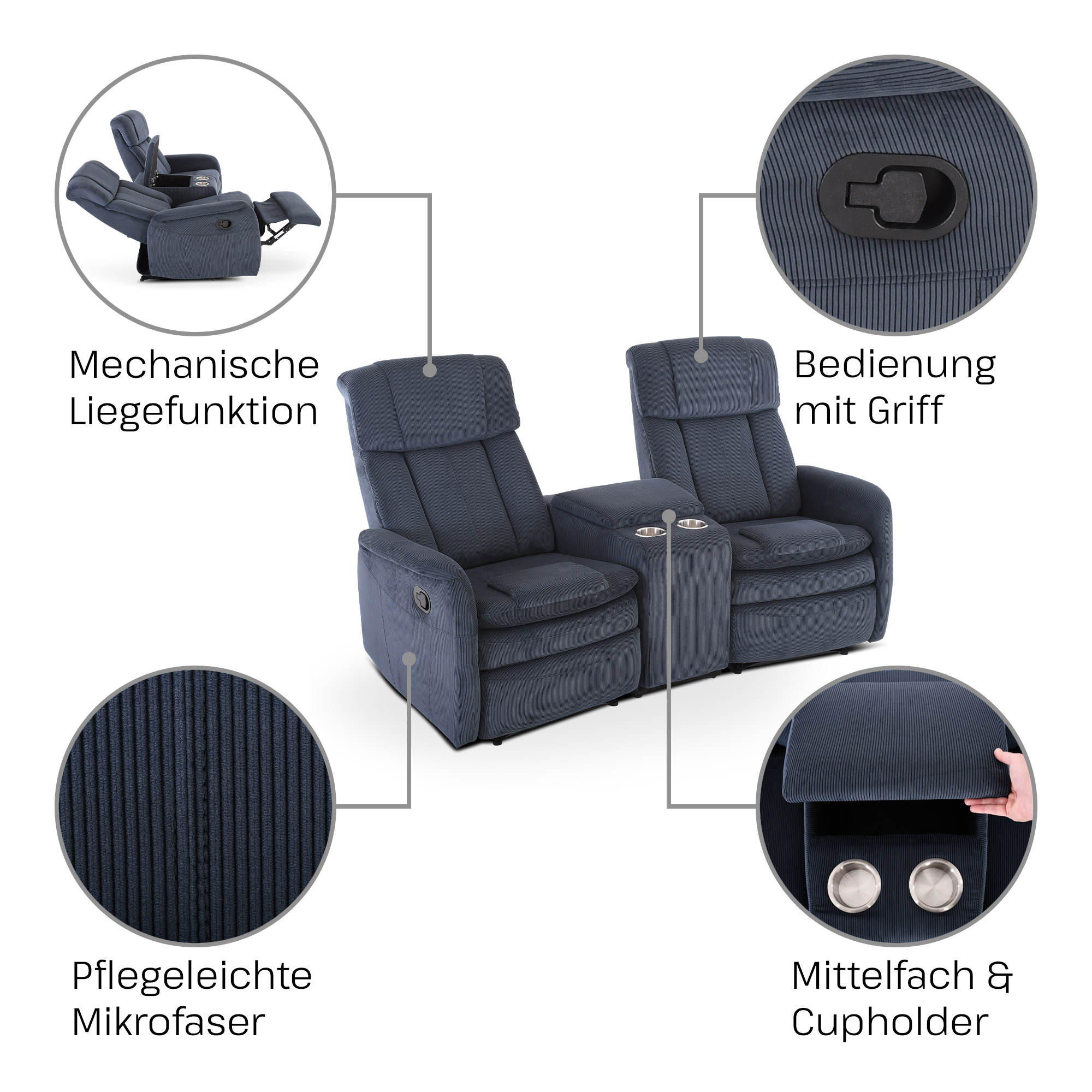 Kinosessel, 2er-Fernsehsessel mit Relaxfunktion, Cord-Mikrofaser in Marineblau, Raburg Maxx
