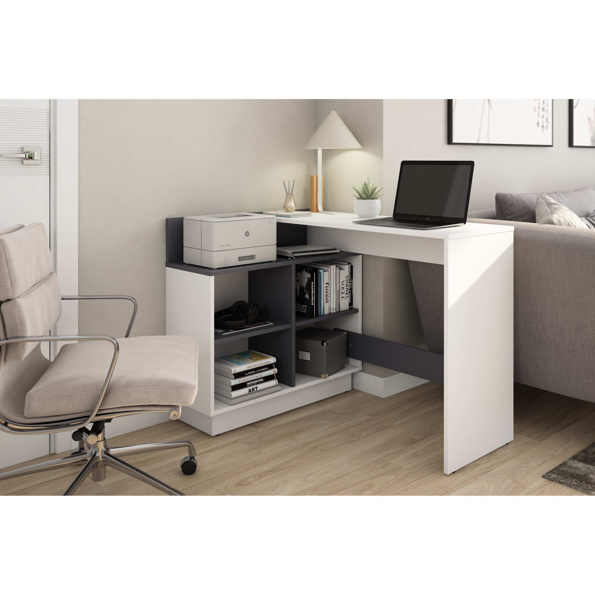 Schreibtisch mit viel Stauraum, Winkelschreibtisch, L-Form, Weiß/Grau, byLIVING Berni