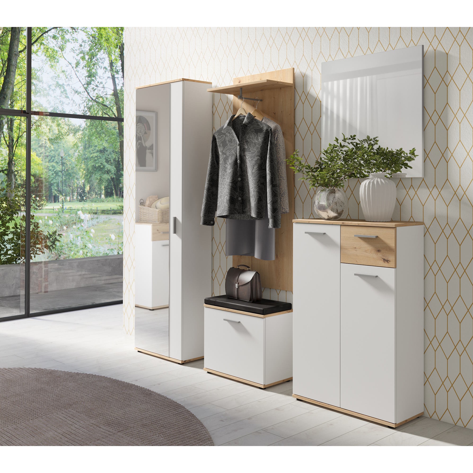 Wandgarderobe in Artisan-Eiche-Optik mit Hacken, Kleiderstange & Ablage, byLIVING Jakob