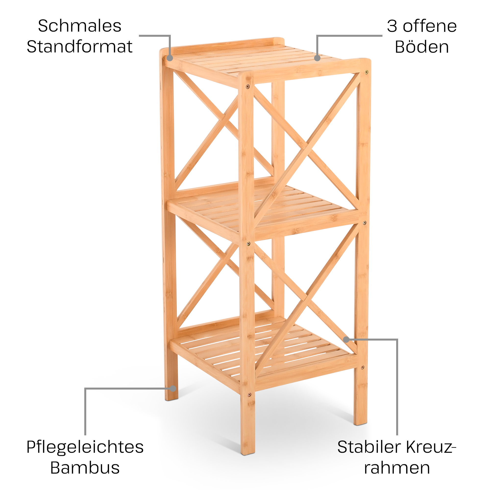 Badregal & Standregal, Bambus, 3 Böden, Kreuzrahmen, 85 cm | Raburg Hela