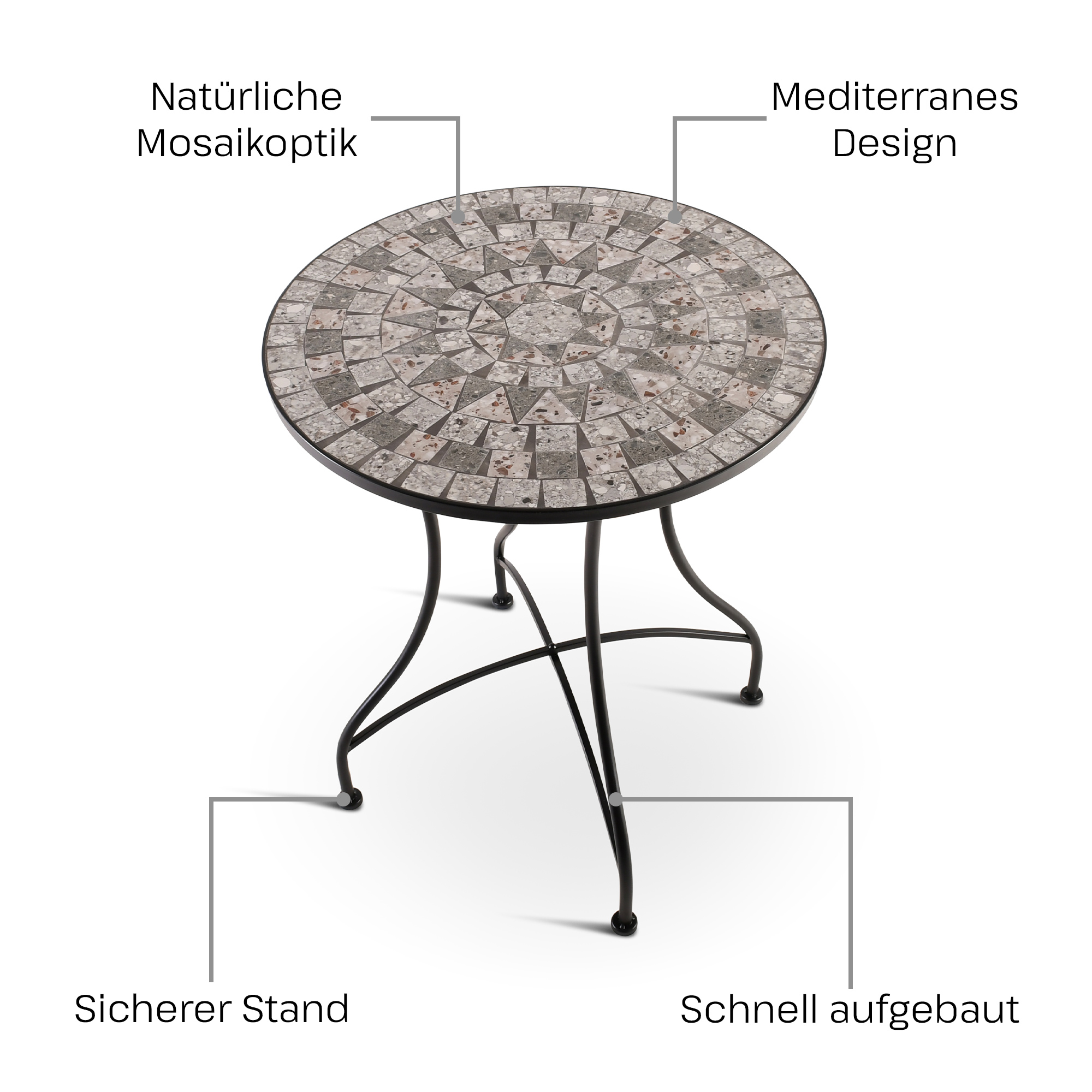 Mosaiktisch, 60 cm Ø, Gartentisch mit Mosaikmuster, Grau-Weiß-Anthrazit, Raburg Mayla