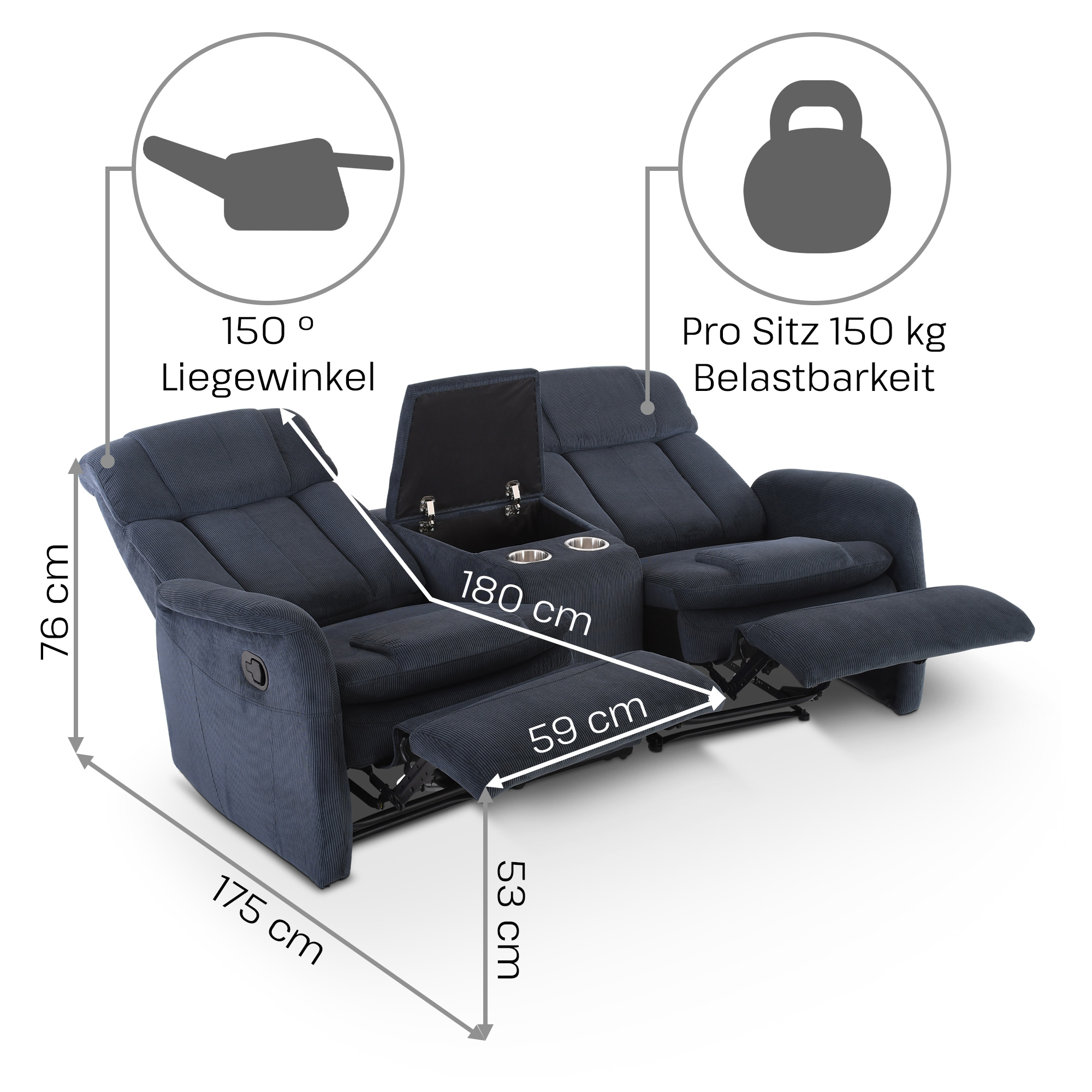 Kinosessel, 2er-Fernsehsessel mit Relaxfunktion, Cord-Mikrofaser in Marineblau, Raburg Maxx